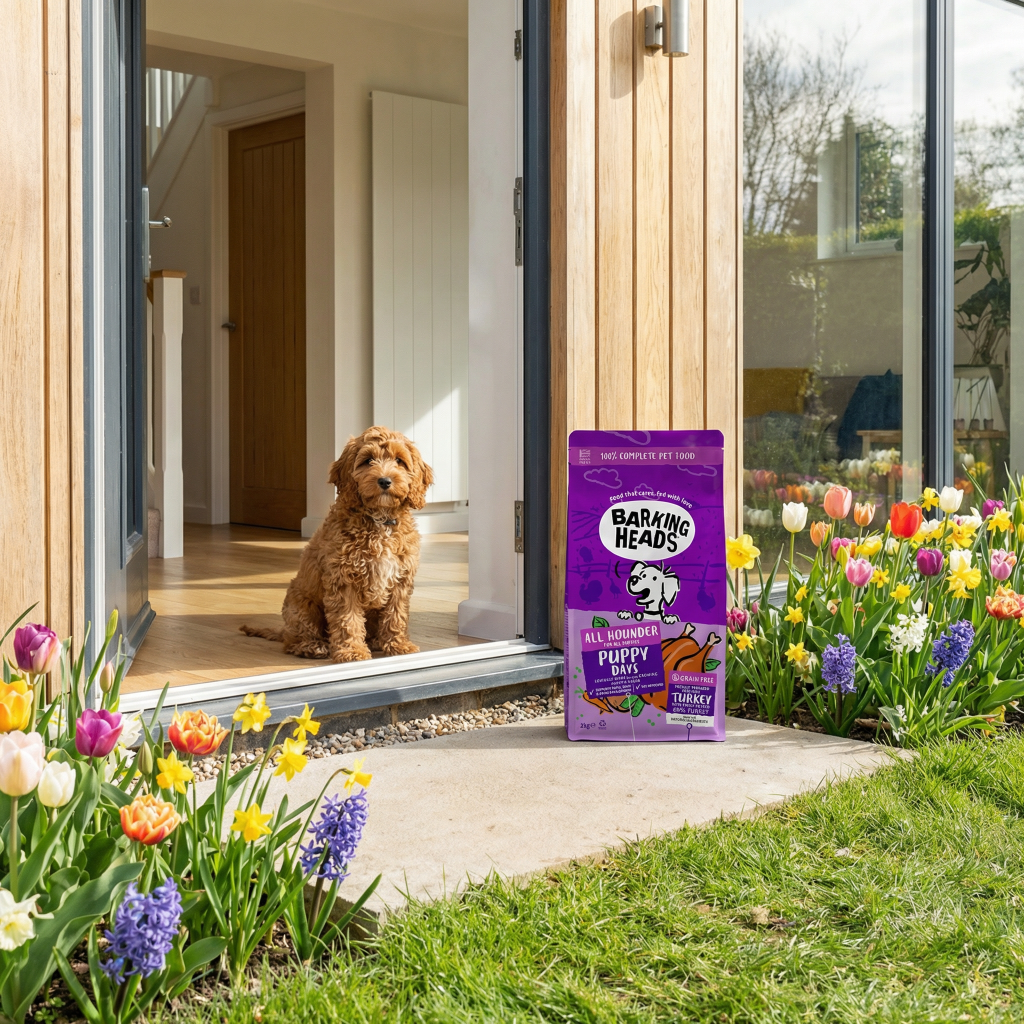 Small puppy sat next to a bag of Barking Heads' puppy food