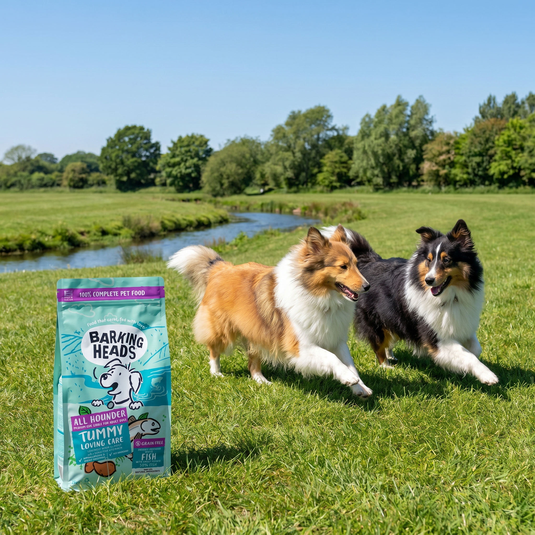 Two collie dogs in a grassy field next to Barking Heads Tummy Lovin Care dog food