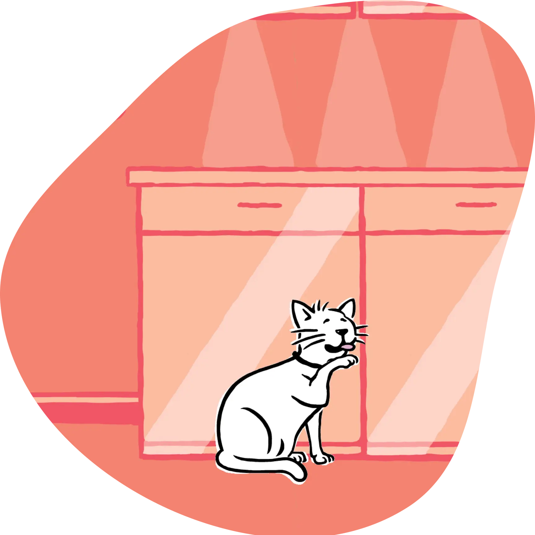 Illustration of a cat sitting in front of a window with a red and orange gradient background.