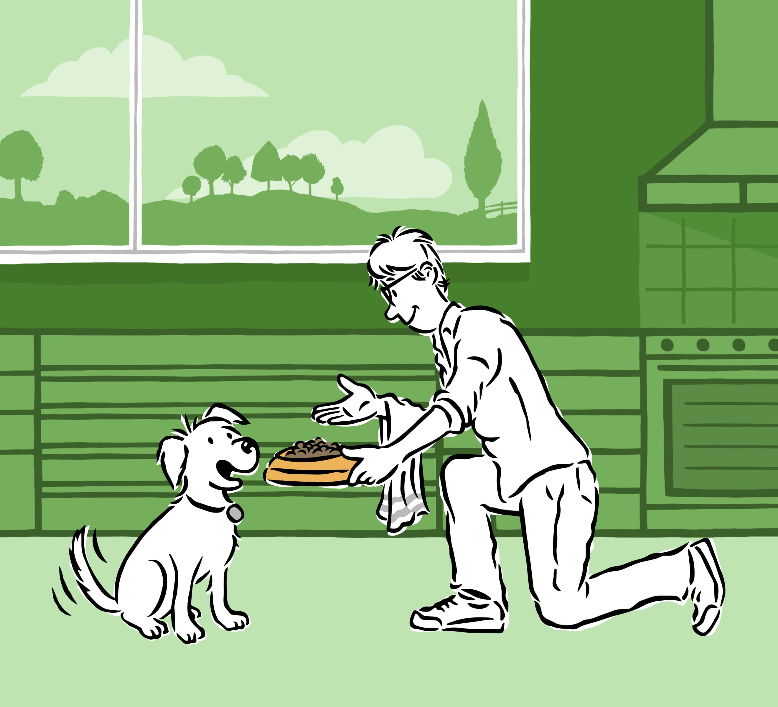 Dog with bag of food and cartoon dog