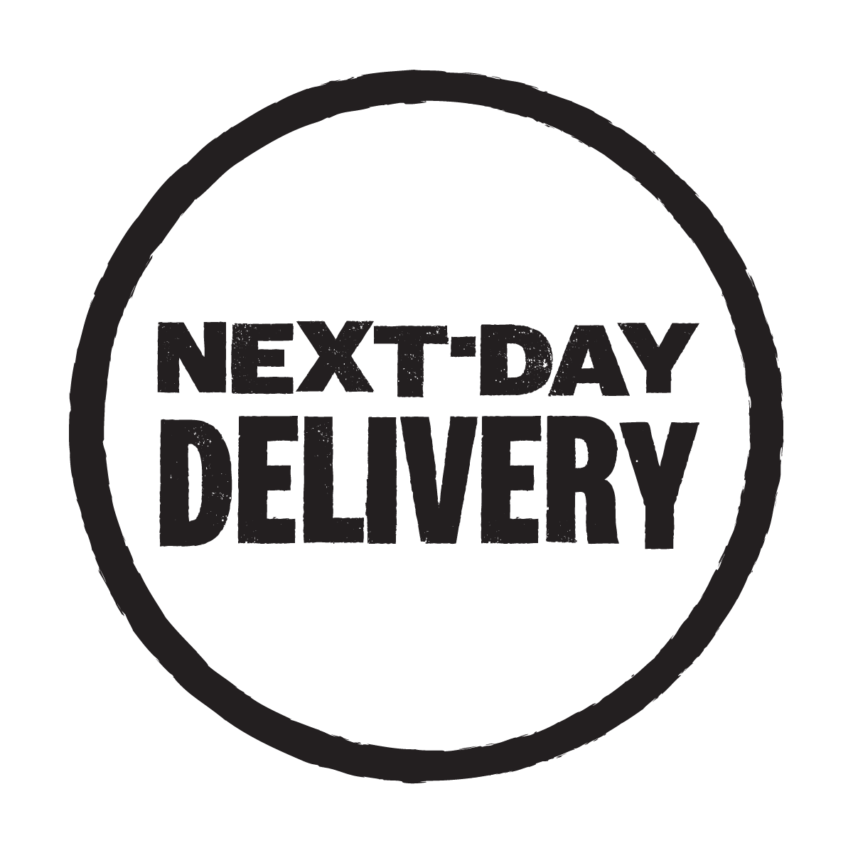 Black 'Next-Day Delivery' text in a circular outline on a white background