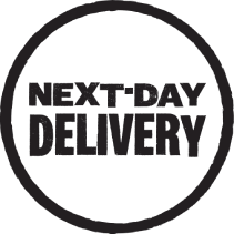 Black 'Next-Day Delivery' text in a circular outline on a white background