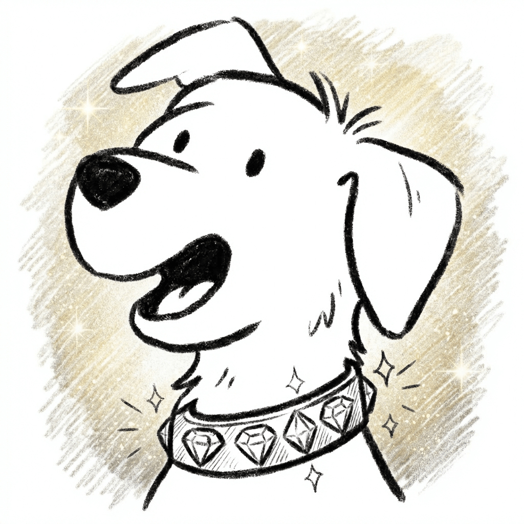 Illustration of a dog with a diamond-studded collar on a beige background
