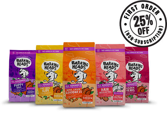 Barking Heads pet food packages with a promotional badge for a first-order discount on a white background