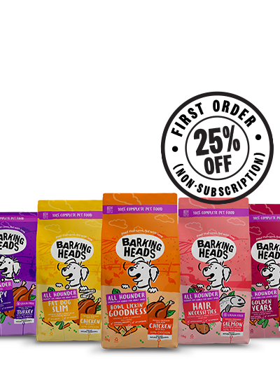 Barking Heads pet food bags with a promotional badge offering 25% off on a first-order non-subscription.