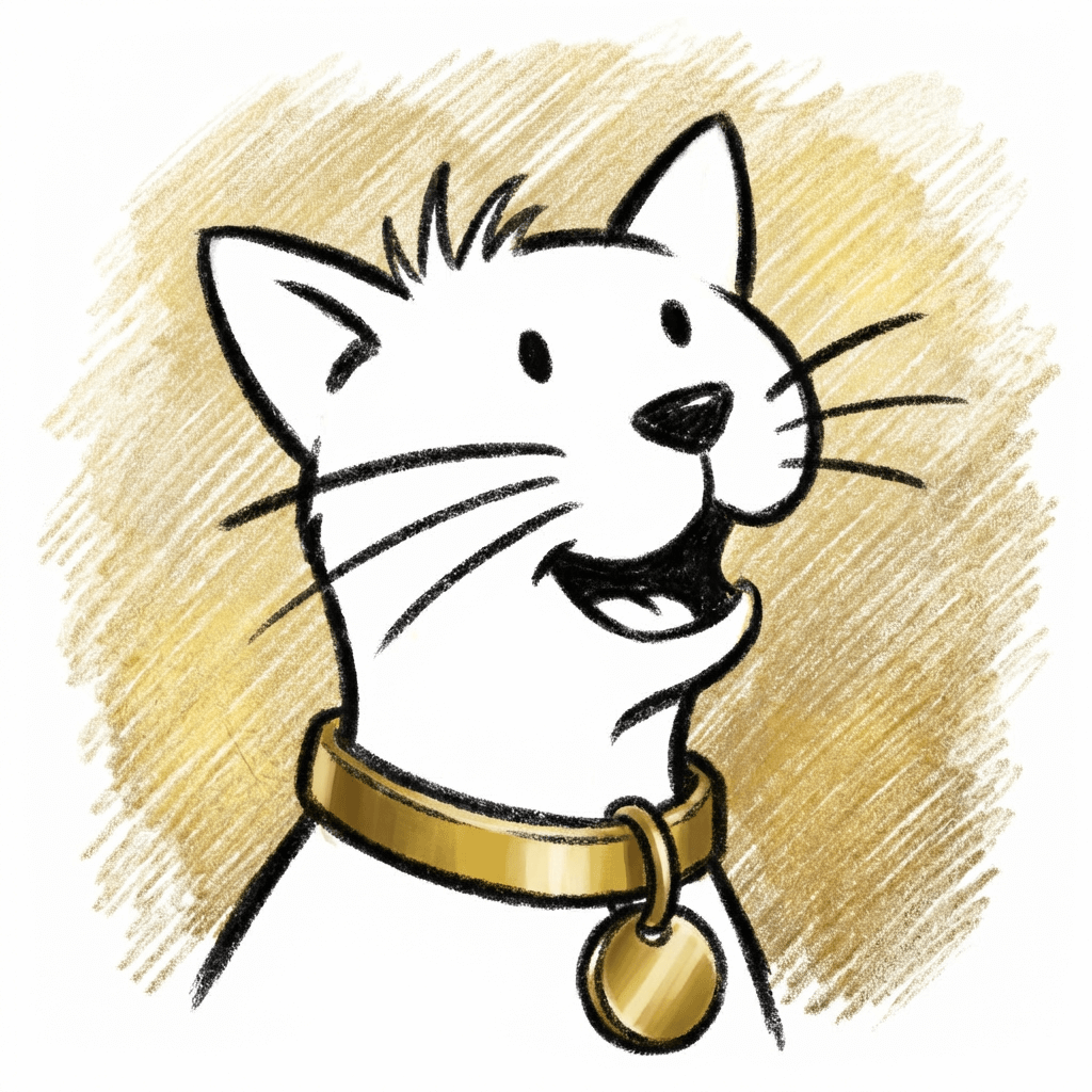 Illustration of a cat wearing a collar with a gold tag on a gold background