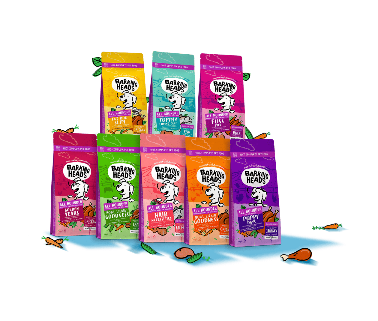 Bags of dog food, showing the various different flavours we offer