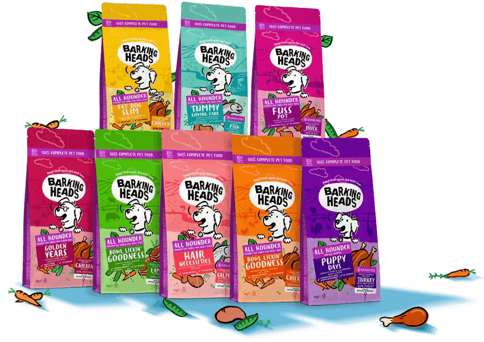 Bags of dog food, showing the various different flavours we offer