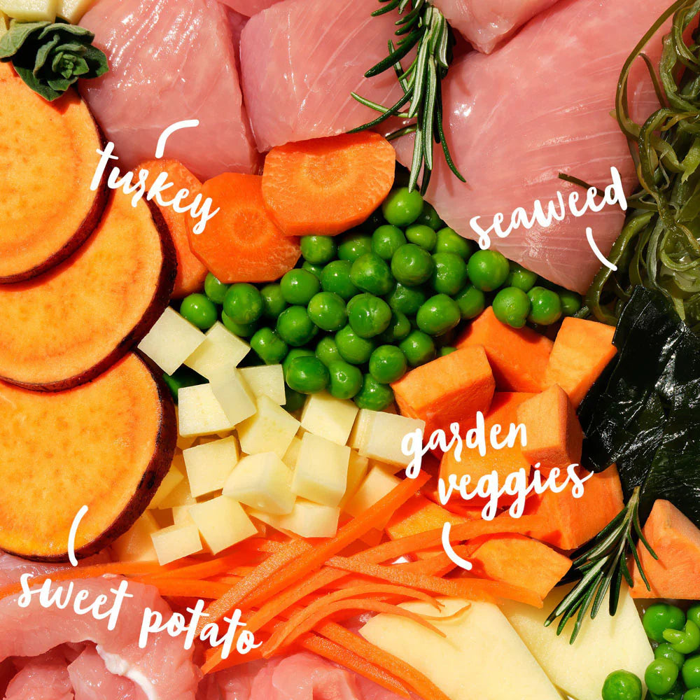 Assorted raw Turkey, vegetables, and seaweed with labels on a white background